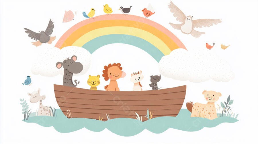 Ilustração Arca de Noé Animais Fofos Arco-Íris