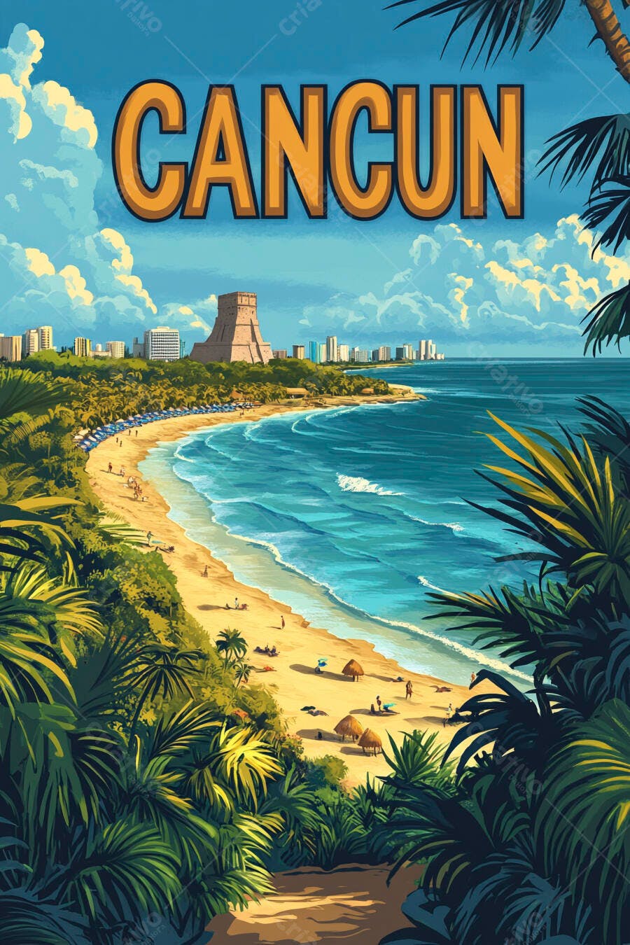 Ilustração Cancun México Praia Caribe Pirâmide Maia