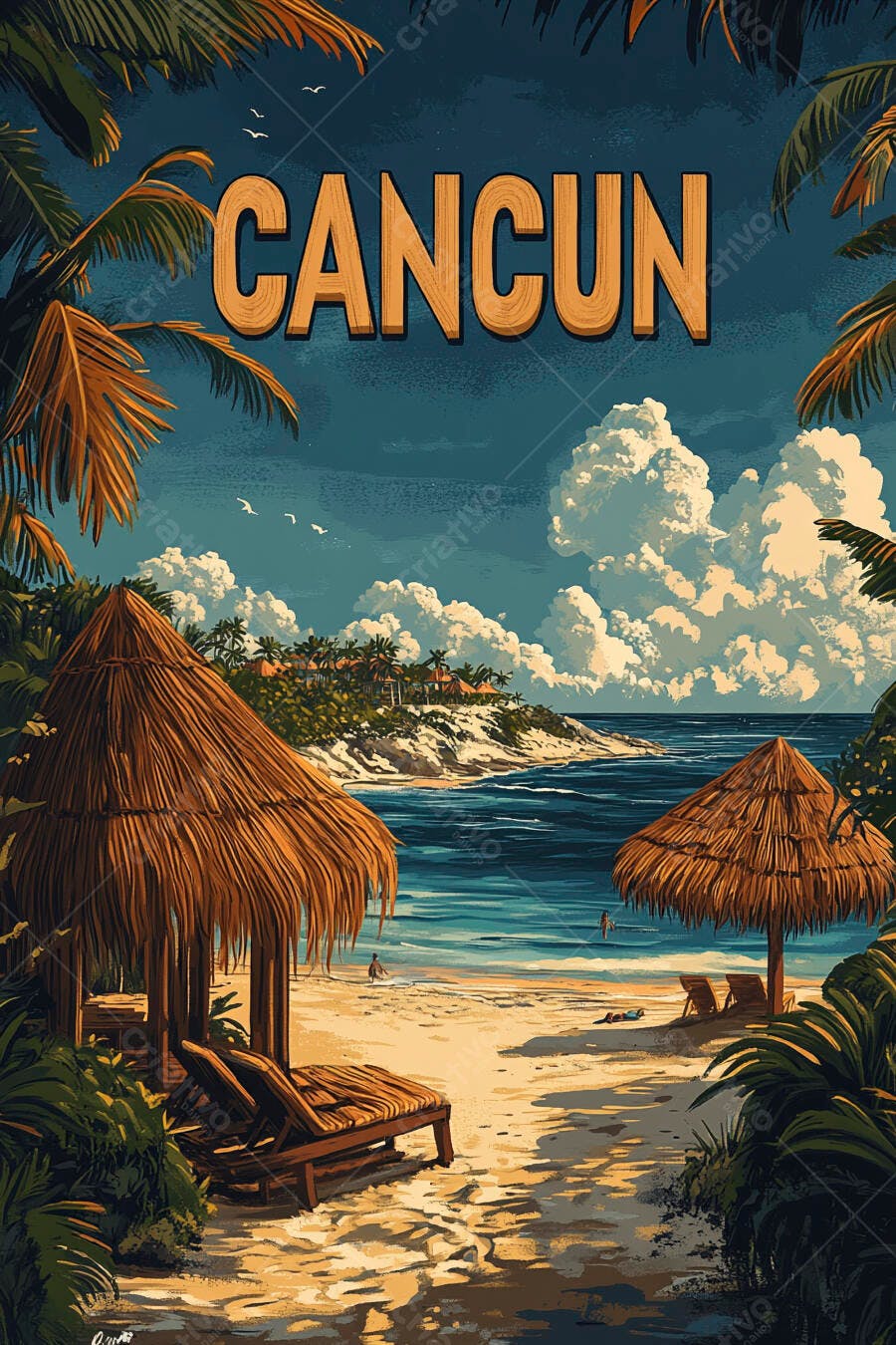 Ilustração Praia Cancun Coqueiros e Guarda-sóis Verão