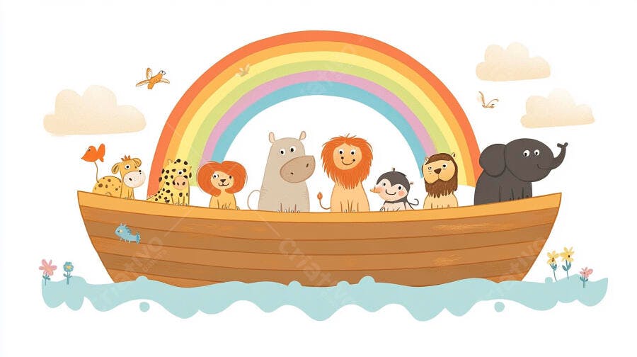 Arca de Noé Desenho Animado Animais Fofos Arco-Íris