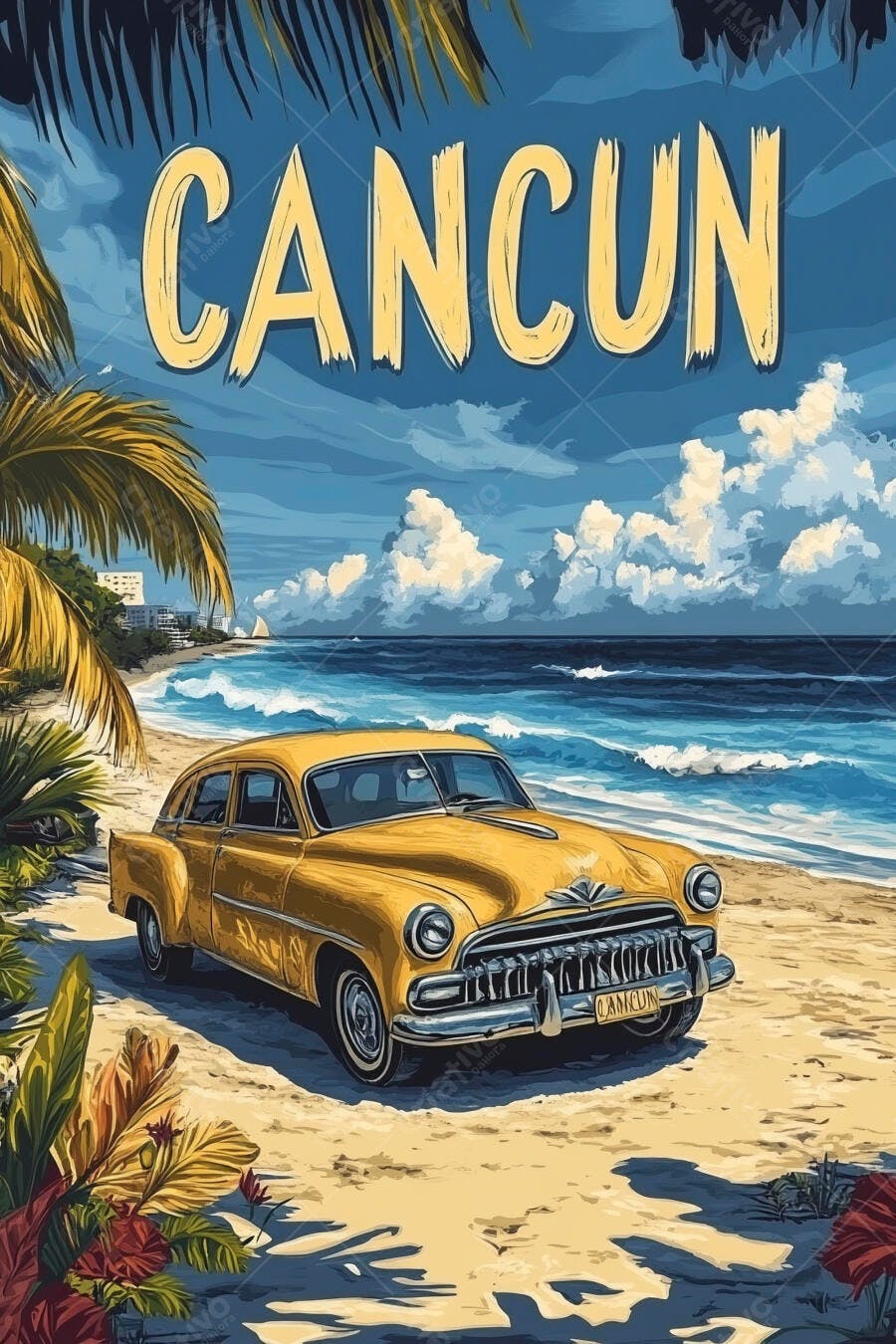 Ilustração Carro Antigo Amarelo Praia de Cancun Verão