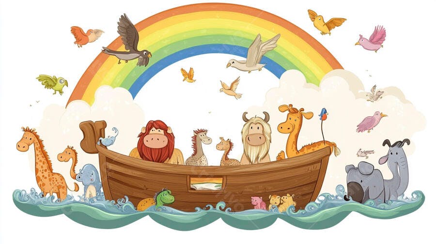 Ilustração Arca de Noé Animais Fofos Arco-Íris