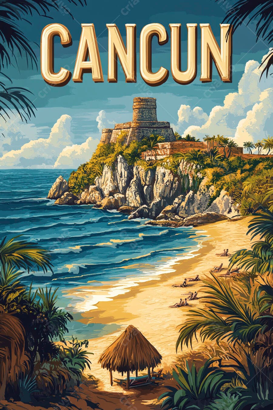 Pôster Cancun Praia Templo Maia Estilo Vintage