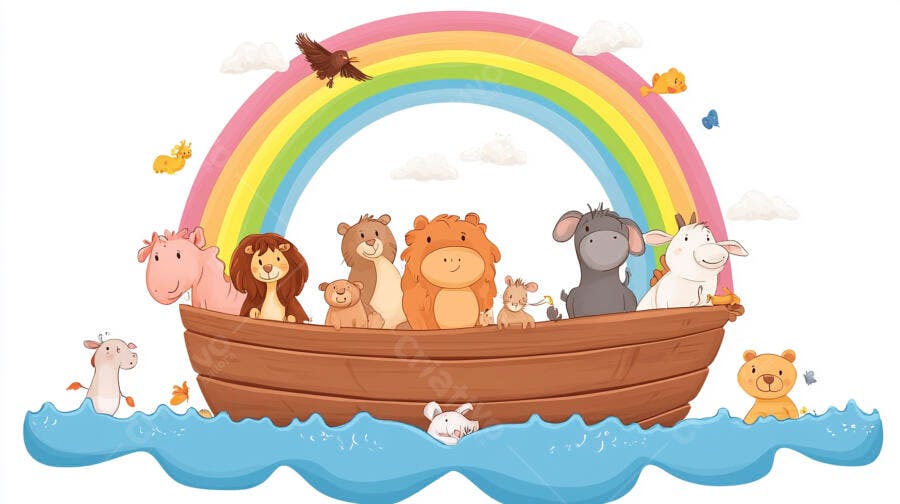 Arca de Noé Desenho Animado Animais Barco Arco-Íris