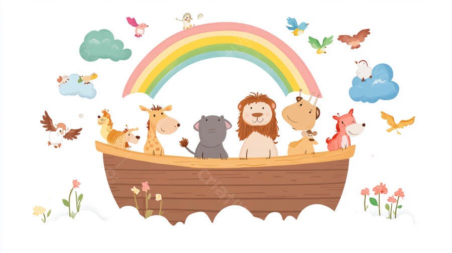 Ilustração Arca de Noé Animais Fofos Arco-Íris