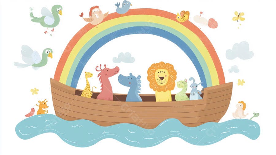 Ilustração Arca de Noé Animais Fofos Arco-Íris