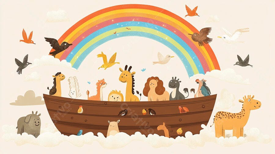 Arca de Noé Ilustração Animais Fofos Arco-Íris