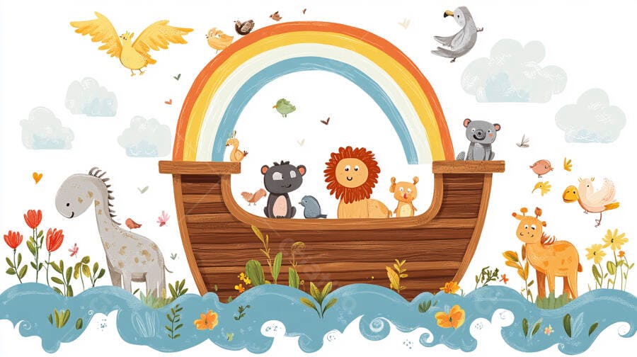 Ilustração Arca de Noé Animais Fofos Arco-Íris