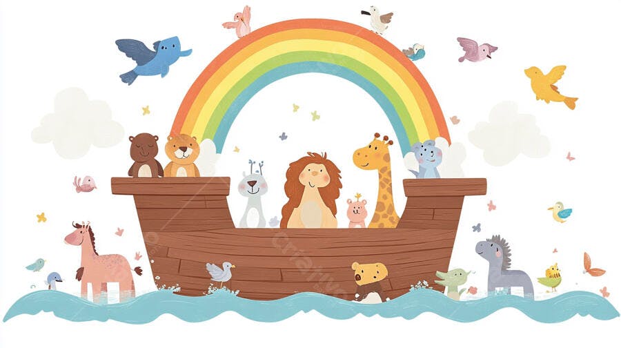 Arca de Noé Desenho Animado Animais Arco-Íris Ilustração Infantil