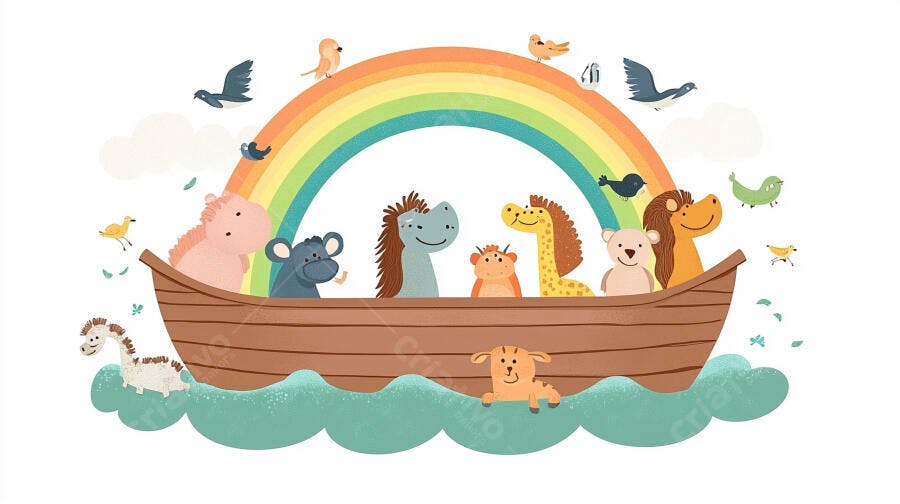 Ilustração Arca de Noé Animais Fofos Arco-Íris Infantil