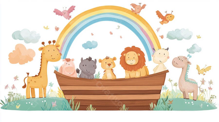 Ilustração Arca de Noé Animais Fofos Arco-Íris Infantil