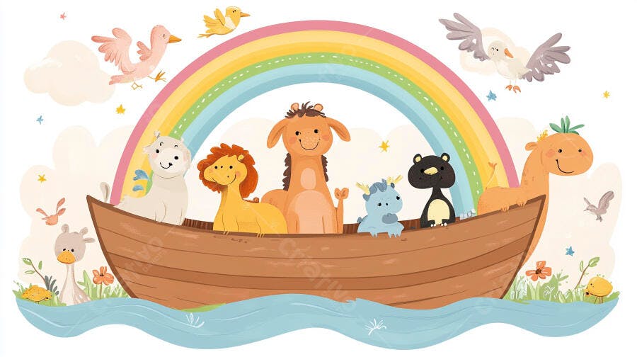 Ilustração Arca de Noé Animais Fofos Arco-Íris