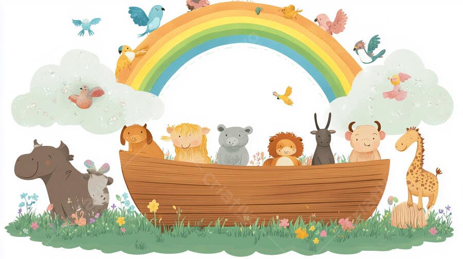 Ilustração Arca de Noé Animais Fofos Arco-Íris