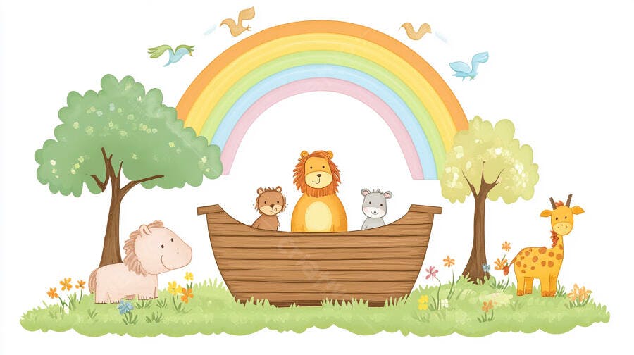 Ilustração Arca de Noé Animais Fofos Arco-Íris Infantil
