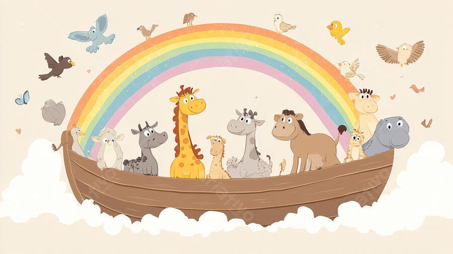 Ilustração Arca de Noé Animais Fofos Arco-Íris