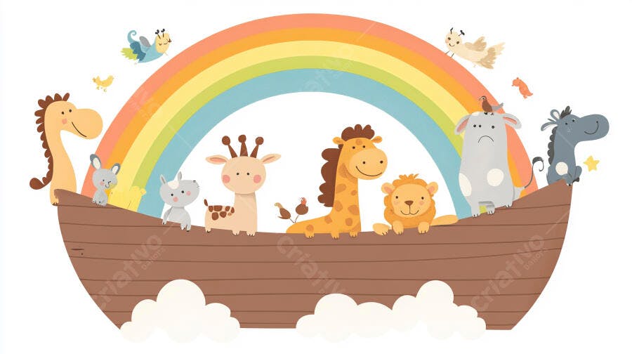 Arca de Noé Animais Fofos Desenho Infantil Ilustração