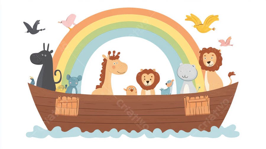 Arca de Noé Desenho Animado Animais Fofos Arco-Íris