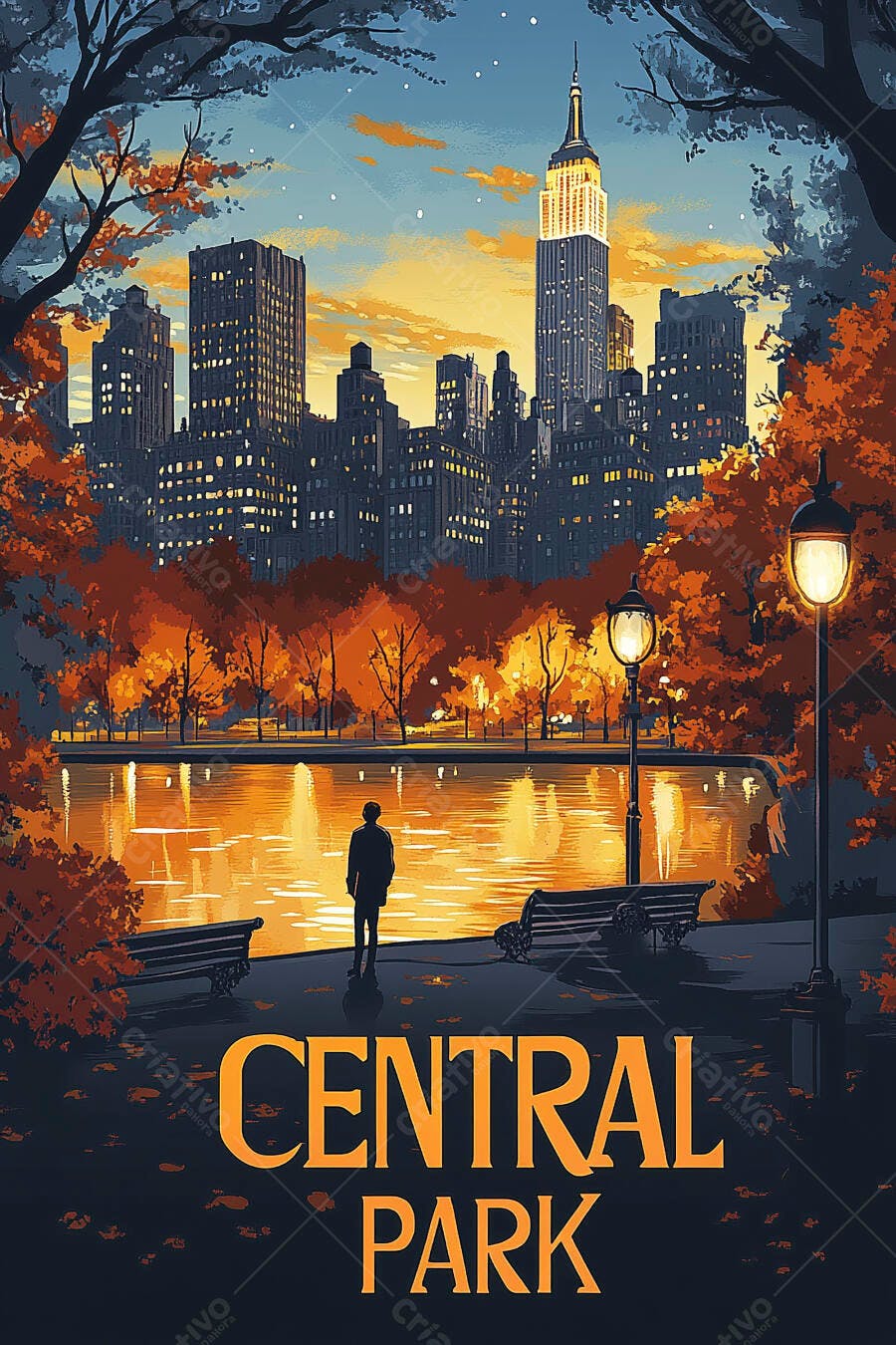 Ilustração Central Park Nova York Outono Pôr do Sol