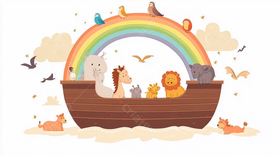 Ilustração Arca de Noé Animais Fofos Arco-Íris