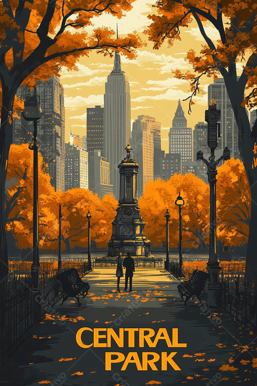 Ilustração Central Park Outono Edifícios Nova York Casal