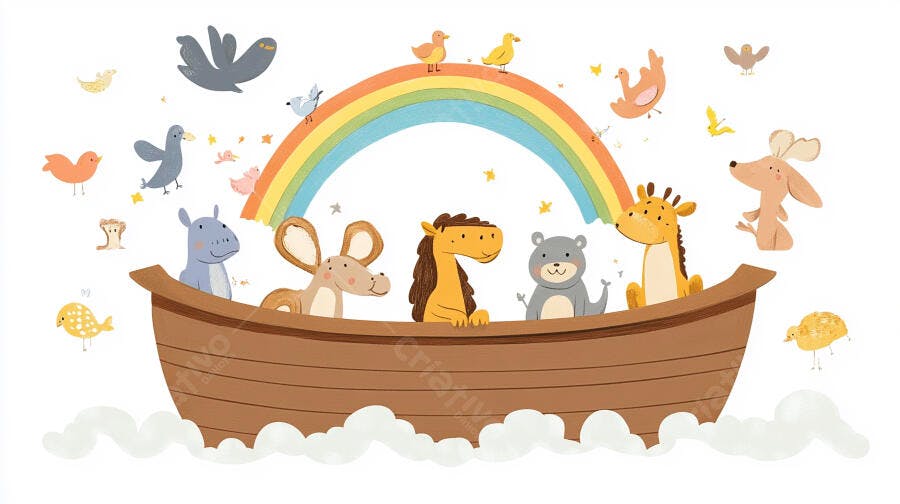 Arca de Noé Animais Fofos Ilustração Infantil Desenho