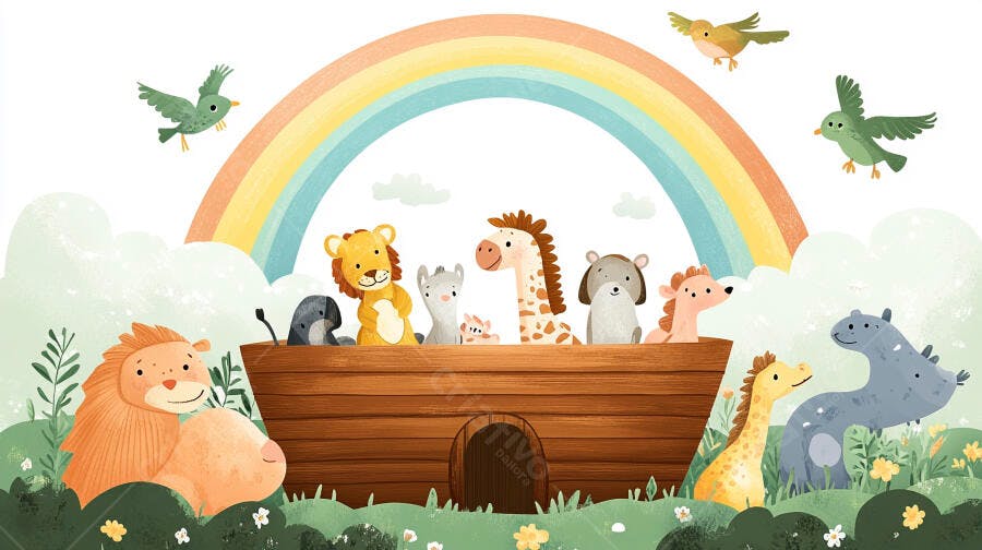 Ilustração Arca de Noé Animais Fofos Arco-Íris