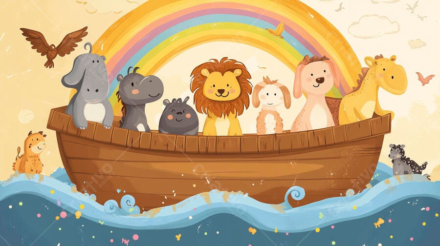 Ilustração Arca de Noé Animais Fofos Arco-Íris Infantil