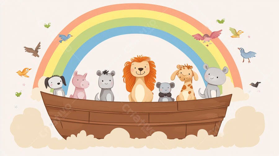 Ilustração Arca de Noé Animais Fofos Arco-Íris