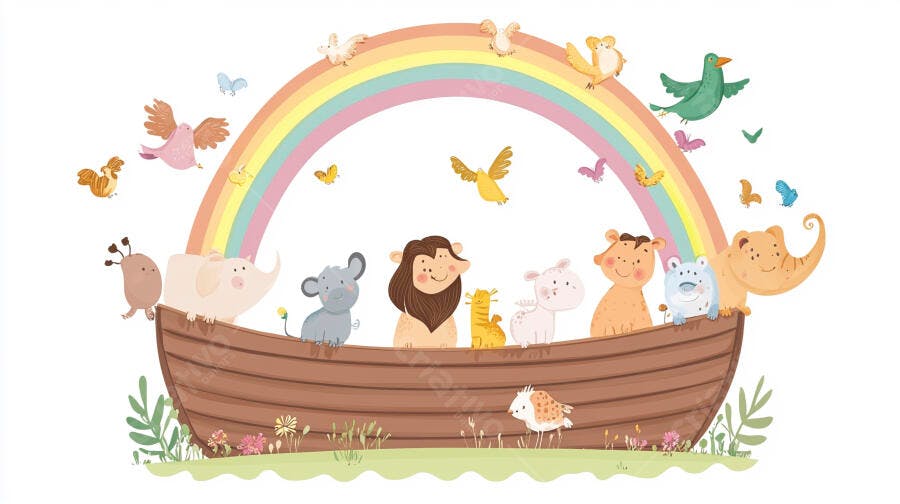 Ilustração Arca de Noé Animais Arco-Íris Fundo Branco