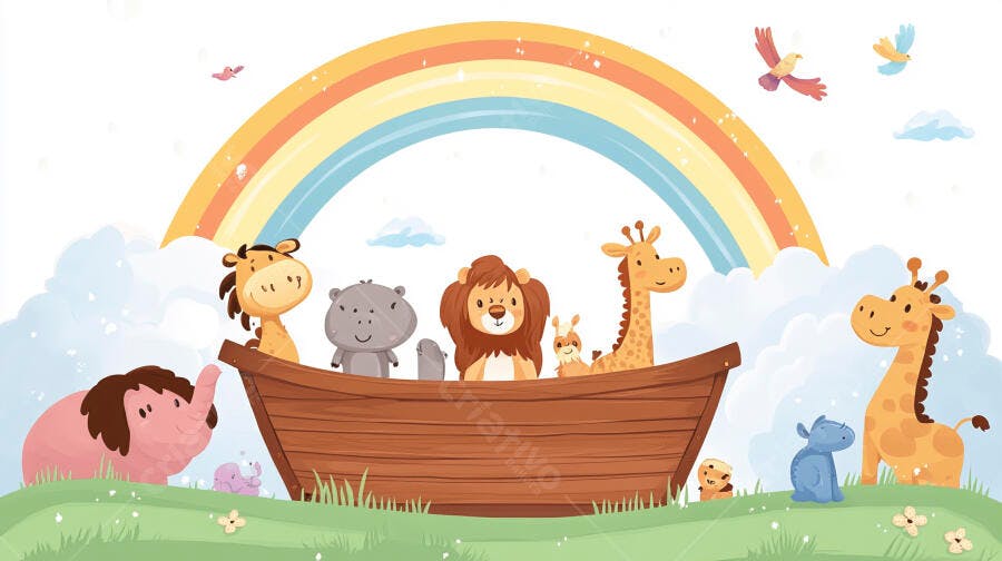 Ilustração Arca de Noé Animais Fofos Arco-Íris