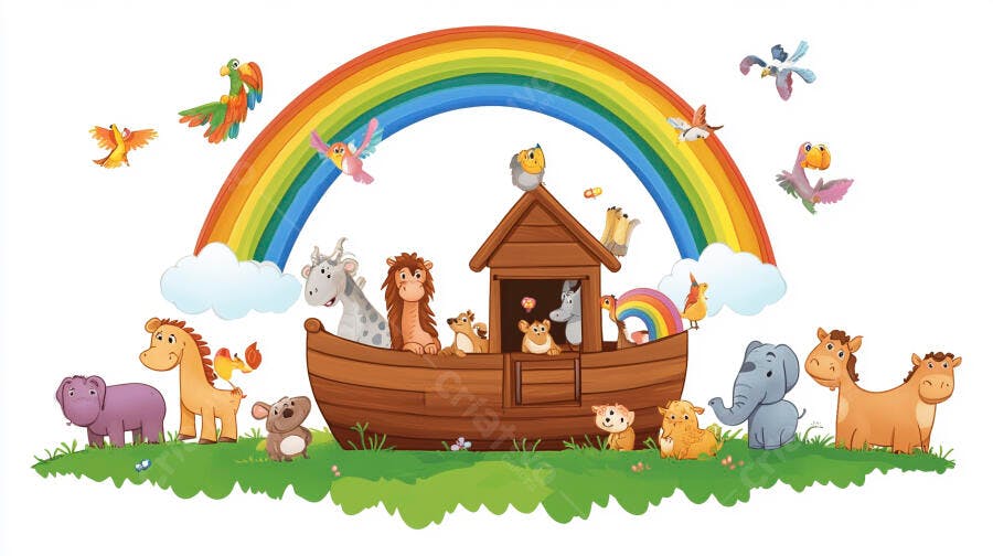 Ilustração Arca de Noé Animais e Arco-Íris Desenho Infantil