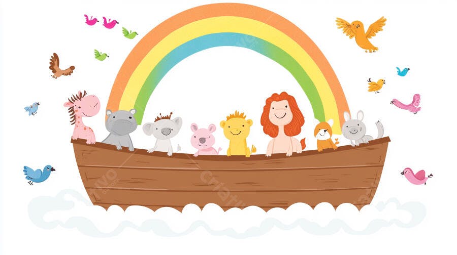 Ilustração Arca de Noé Animais e Arco-Íris Desenho Infantil