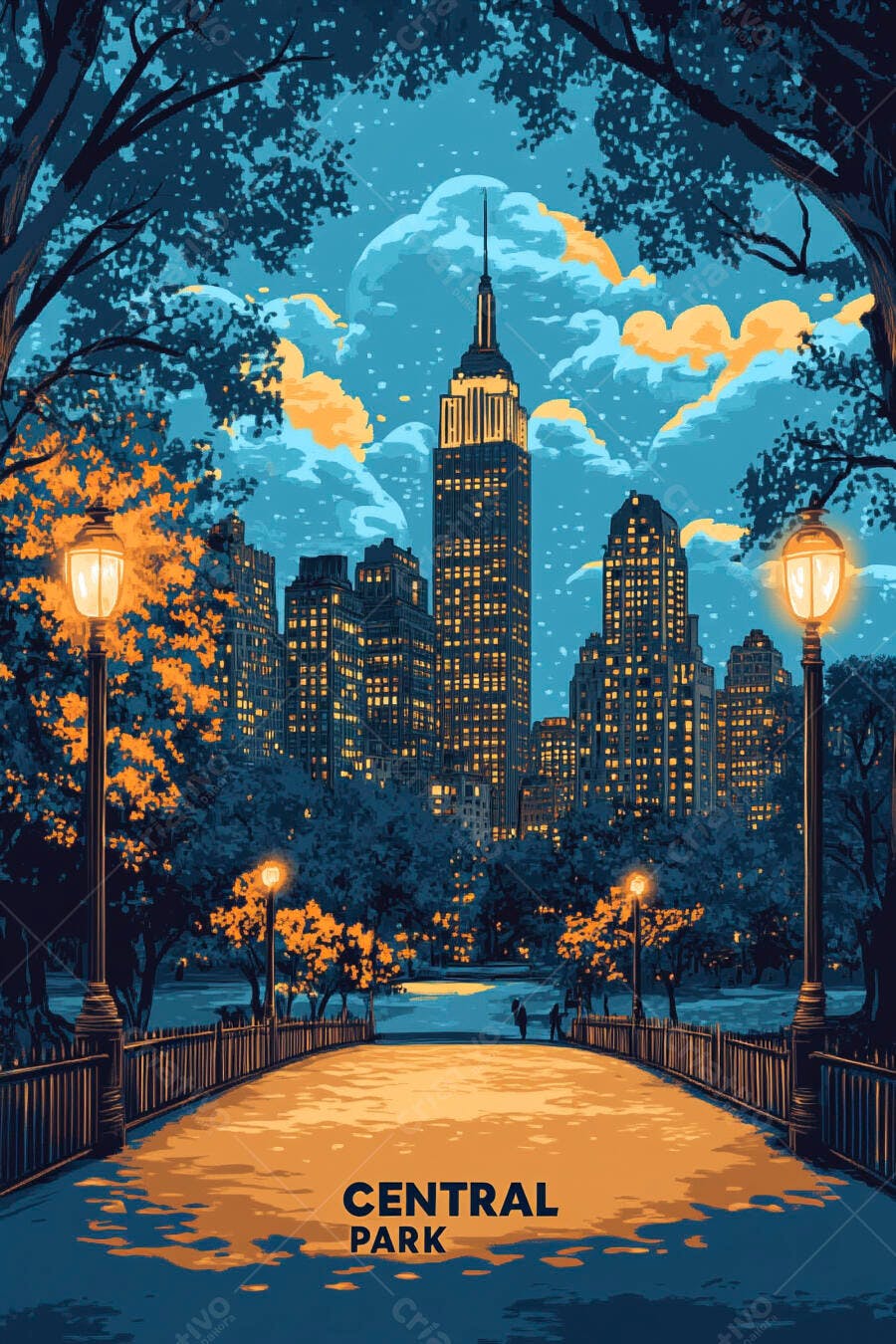 Ilustração Central Park Nova York Noite Edifícios
