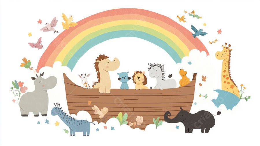 Ilustração Arca de Noé Animais Fofos Arco-Íris