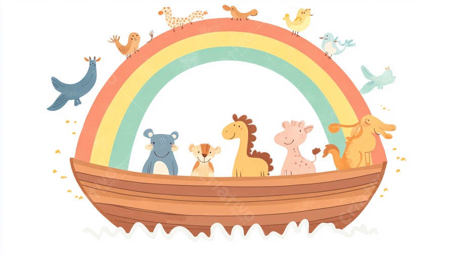 Ilustração Arca de Noé Animais Fofos Arco-Íris