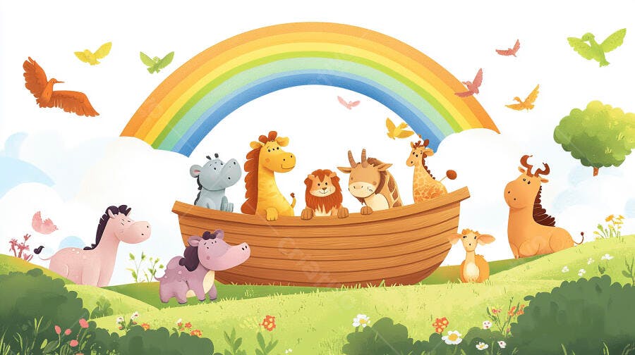 Arca de Noé Desenho Animado Animais Arco-Íris Ilustração Infantil