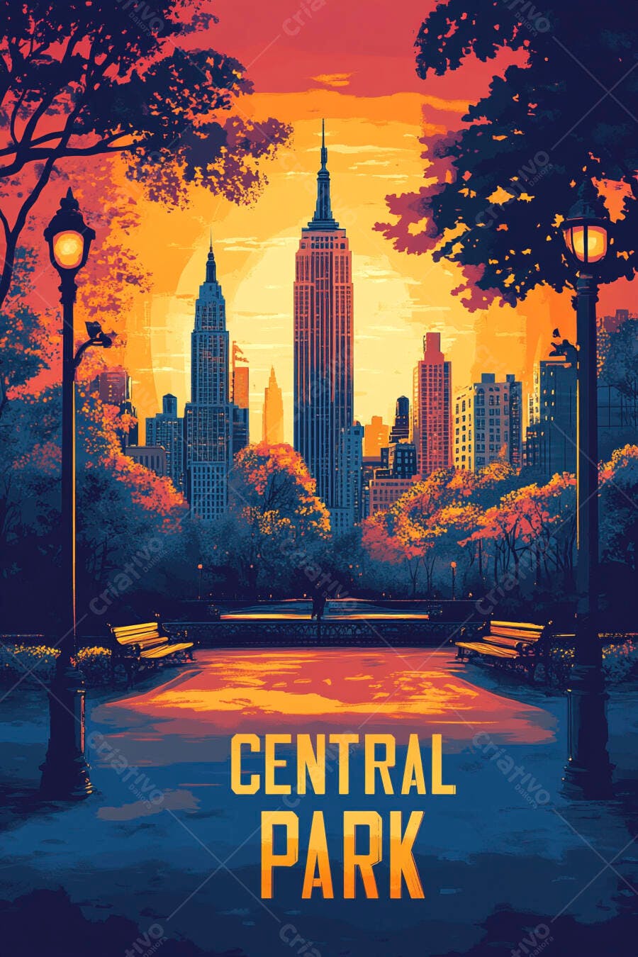 Ilustração Central Park Nova York Pôr do Sol