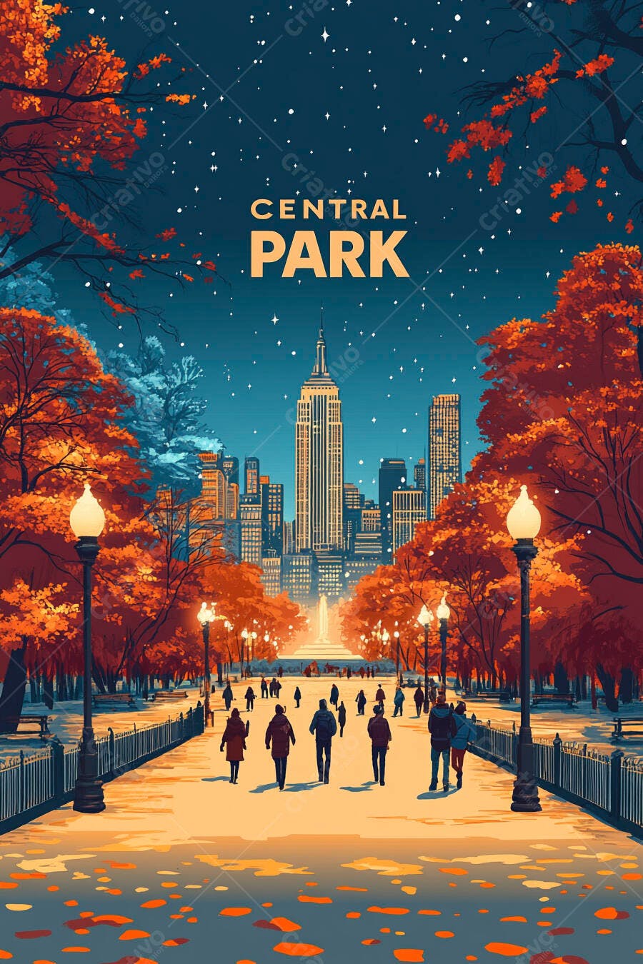 Ilustração Central Park Outono Edifícios Nova York Noite