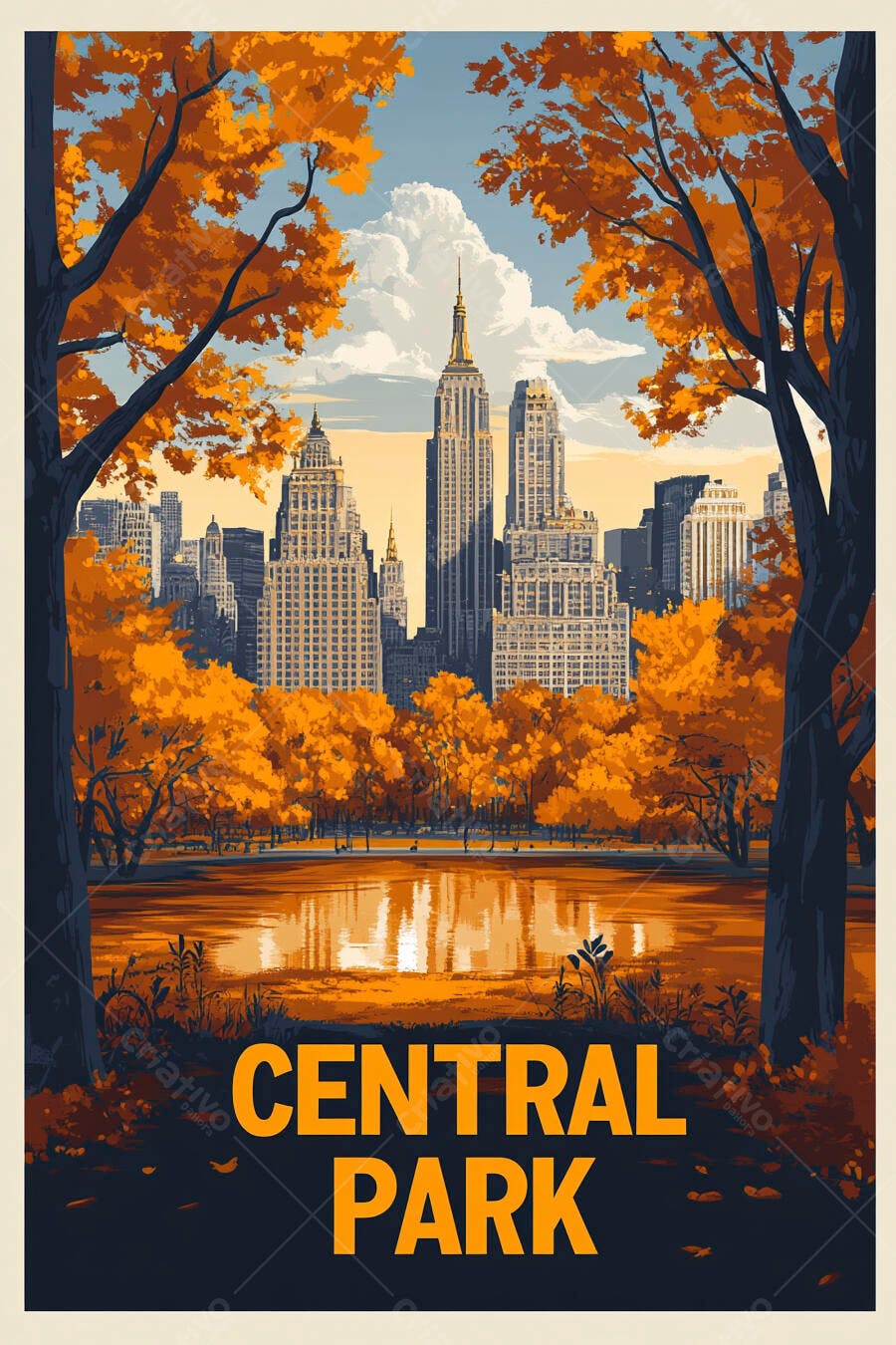 Ilustração Central Park Outono Nova York Pôster Vintage