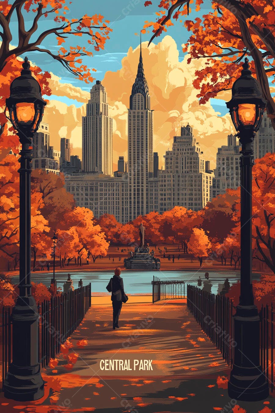Ilustração Central Park Outono Nova York Edifícios