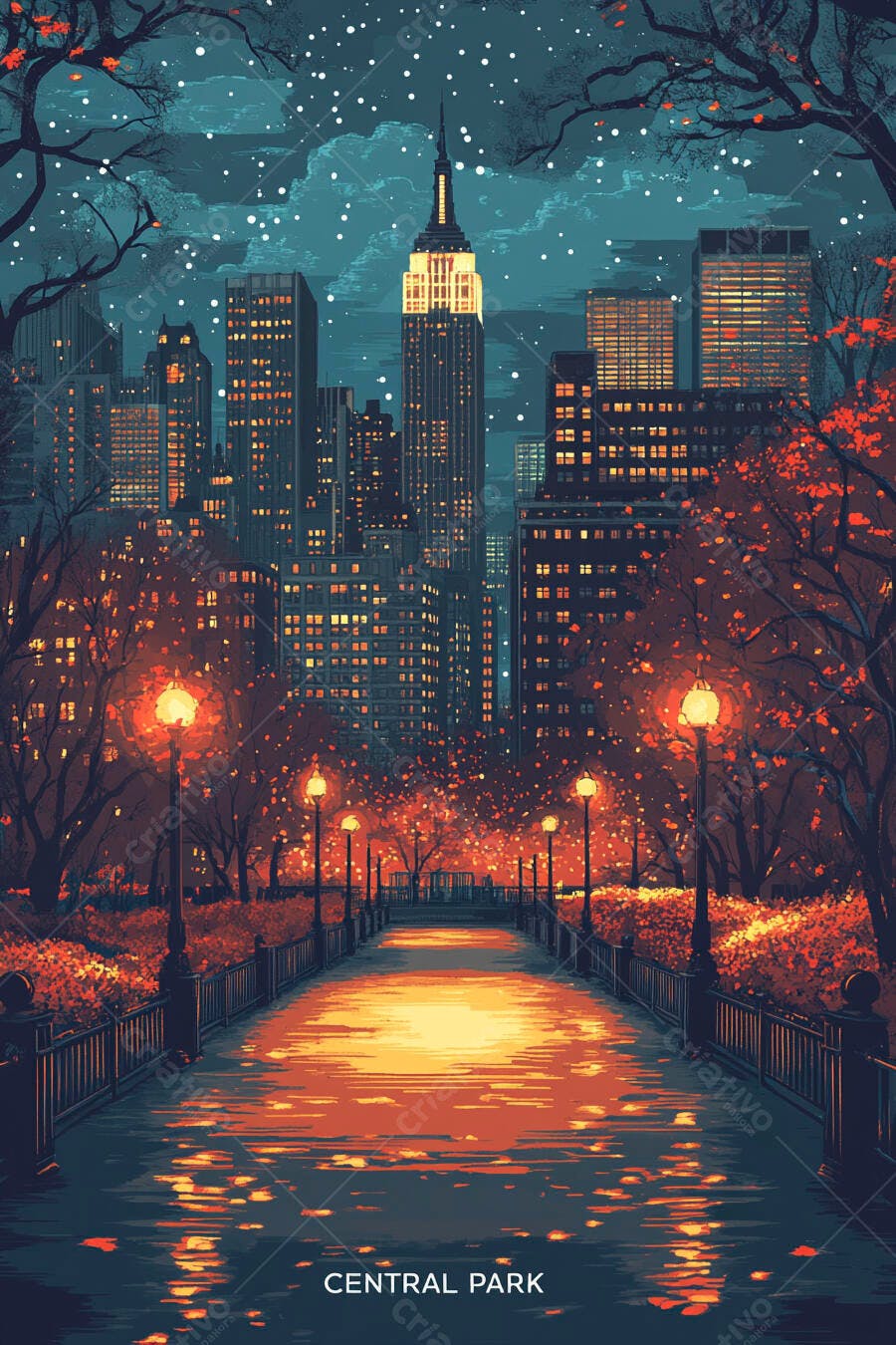 Central Park Nova York Outono Noite Iluminada Pelo Empire State