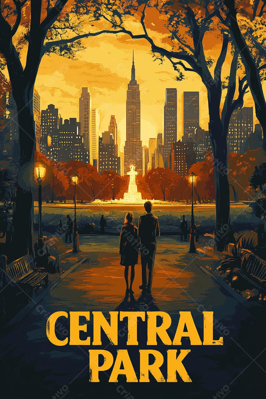 Ilustração Central Park Nova York Casal Pôr do Sol
