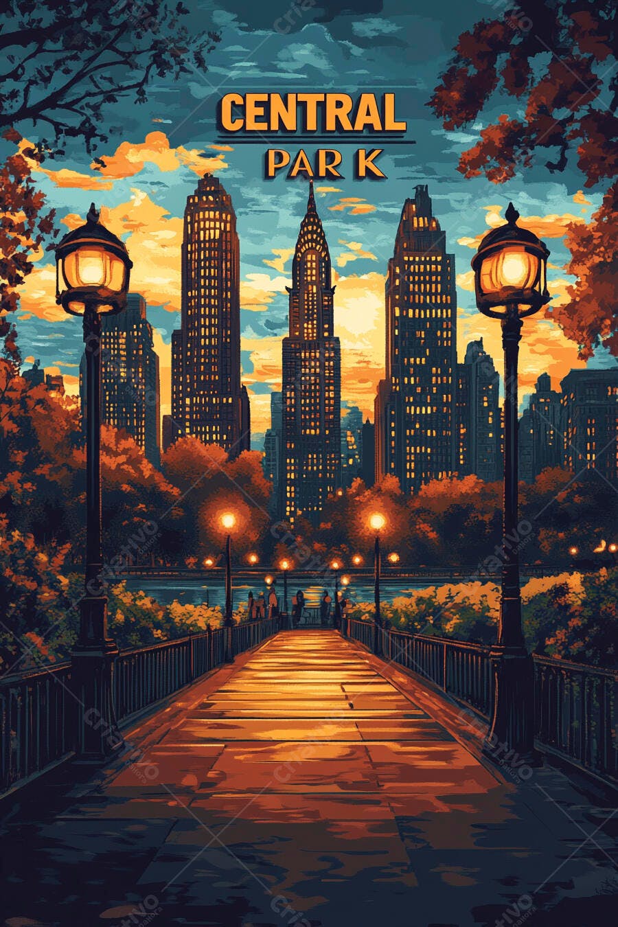 Ilustração Central Park Nova York Pôr do Sol