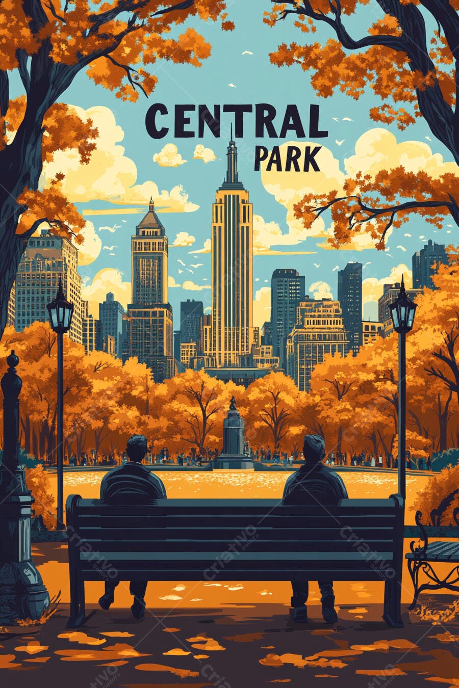 Ilustração Central Park Outono Pessoas Banco Skyline Nova York