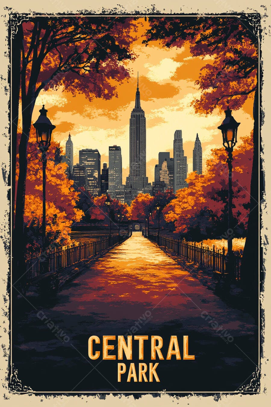 Ilustração Central Park Nova York Pôr do Sol Vintage