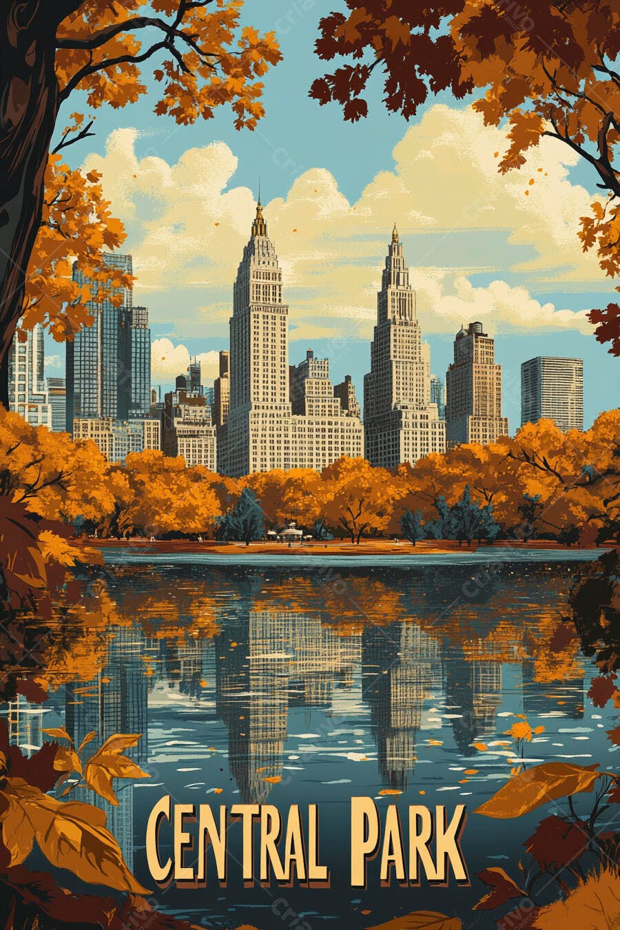 Central Park Nova York Outono Edifícios Reflexo Lago