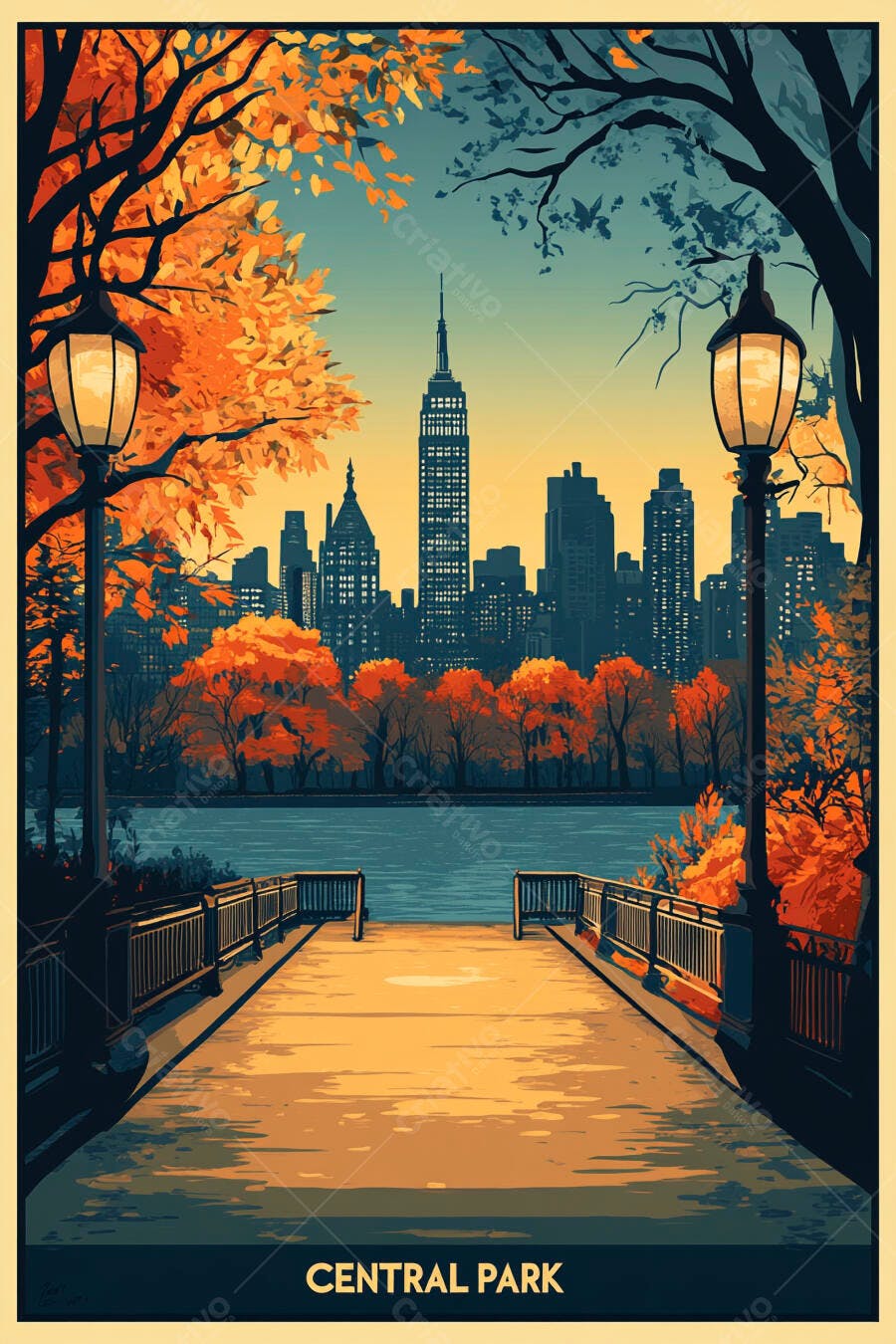 Ilustração Central Park Nova York Outono Edifícios