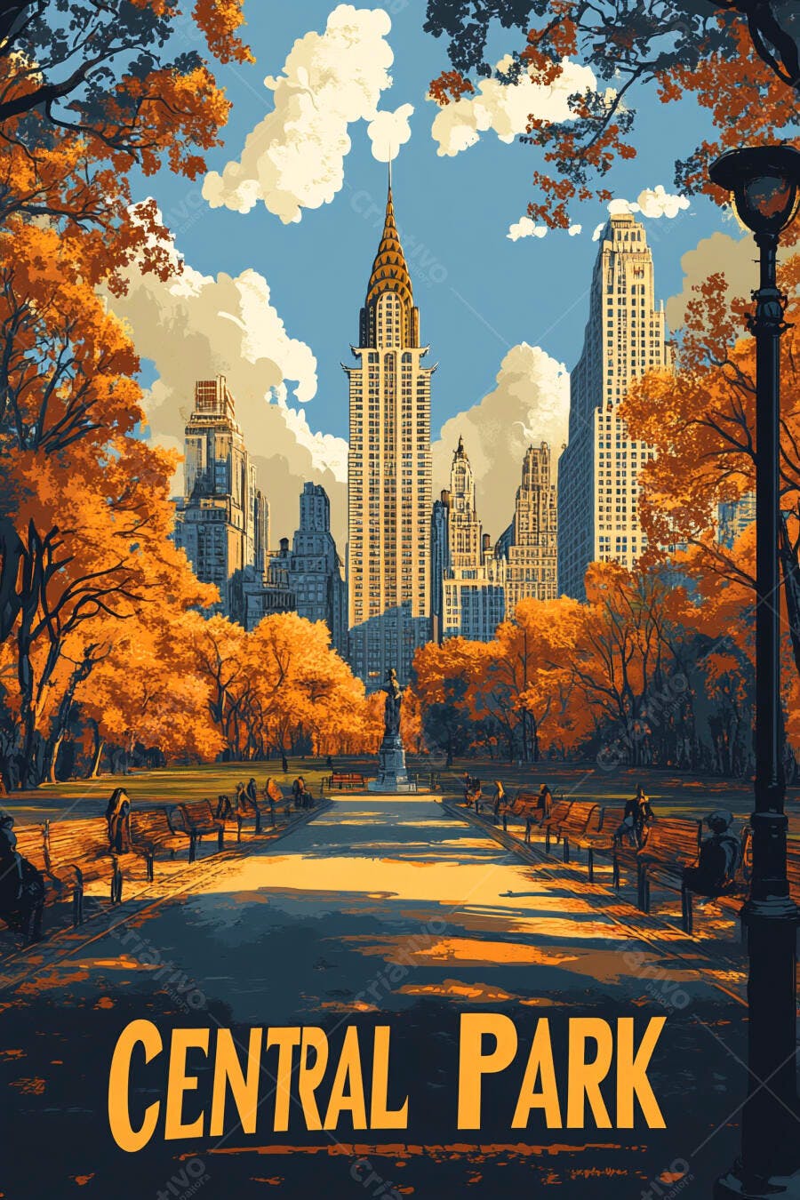 Ilustração Central Park Outono Nova York Edifícios