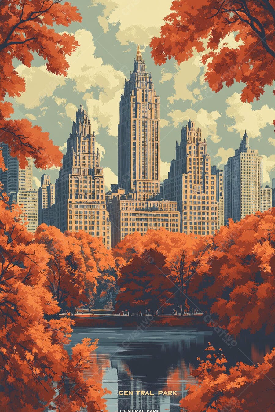 Ilustração Central Park Outono Nova York Edifícios