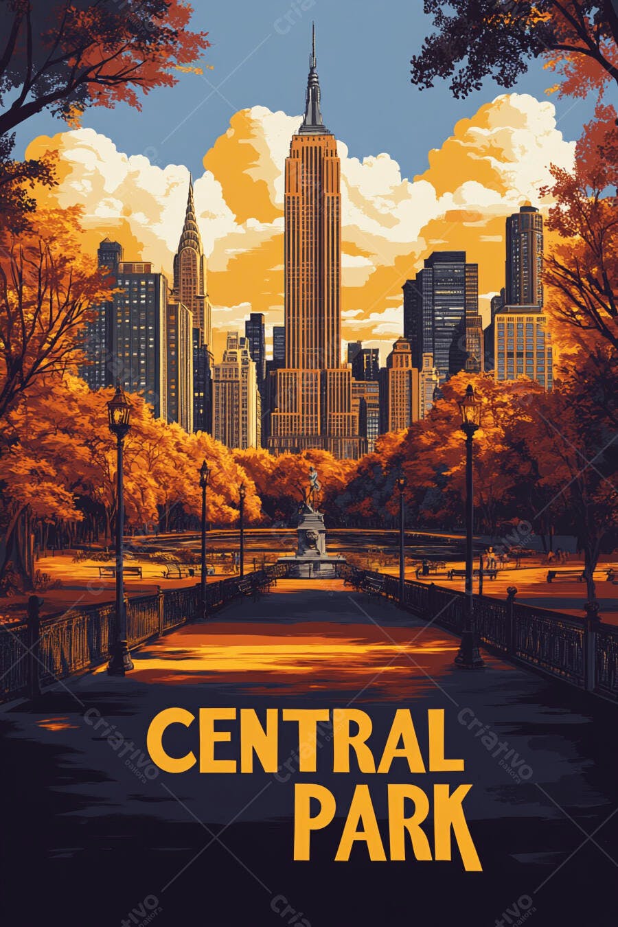Arte Central Park Nova York Outono Edifícios Ilustração